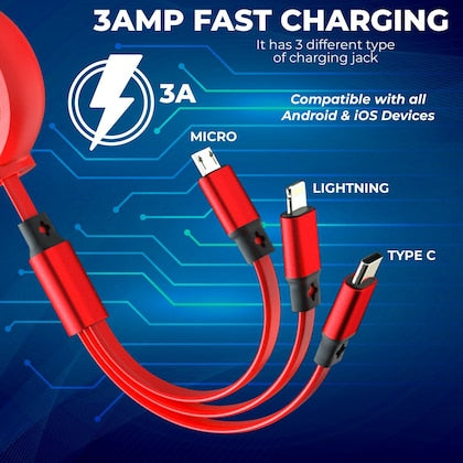 Extendable Data Cable 3 In 1 USB Charge for  Micro-USB Type C Wire Portable For Fast Charging